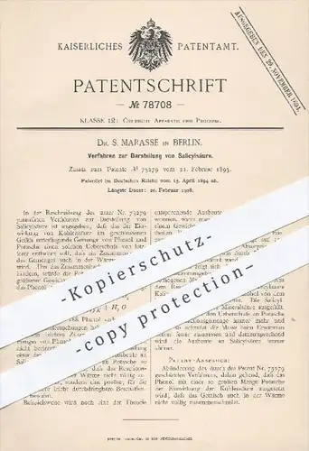 original Patent - Dr. S. Marasse in Berlin , 1894 , Darstellung von Salicylsäure , Chemie , Säure , Kohlensäure !!!