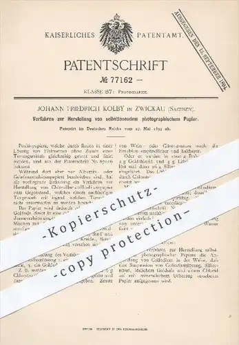 original Patent - J. F. Kolby , Zwickau , 1893 , Herstellung von selbsttonendem photographischem Papier , Fotograf !!