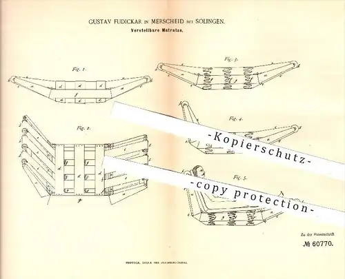 original Patent - Gustav Fudickar in Merscheid bei Solingen , 1891 , Verstellbare Matratze , Matratzen , Bett , Betten !