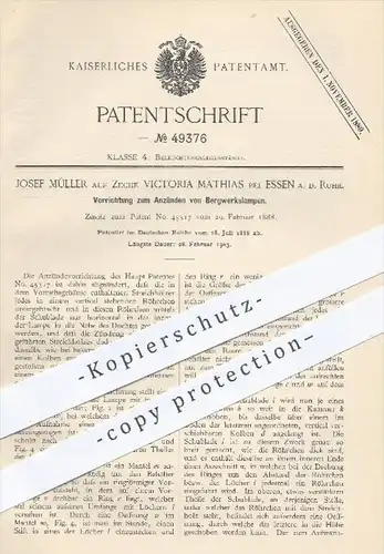 original Patent - J.Müller auf Zeche Victoria Mathias / Essen , 1888 , Anzünden von Bergwerkslampen , Lampen , Bergwerk