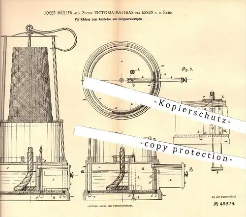 original Patent - J.Müller auf Zeche Victoria Mathias / Essen , 1888 , Anzünden von Bergwerkslampen , Lampen , Bergwerk