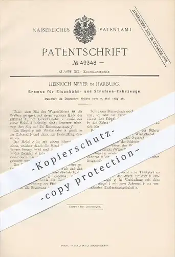 original Patent - Heinrich Meyer in Harburg , 1889 , Bremse für Eisenbahnen , Straßenbahnen , Fahrzeuge , Bremsen