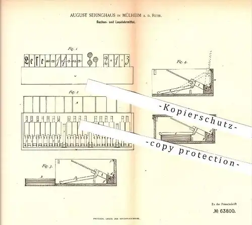 original Patent - A. Seringhaus , Mülheim / Ruhr , 1891 , Rechen- u. Leselehrmittel , Rechnen , Lesen , Schule , Lehrer