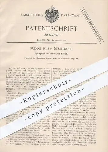 original Patent - R. Egli , Düsseldorf  1891 , Springtuch auf fahrbarem Gestell , Sprungtuch , Feuerwehr , Feuerwehrmann