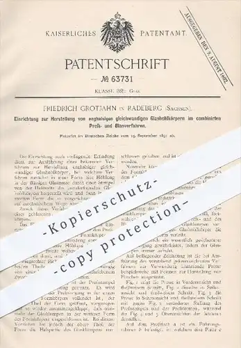 original Patent - Fr. Grotjahn , Radeberg , 1891 , Herstellung von Glashohlkörpern im Press- u. Blasverfahren , Glas !!!