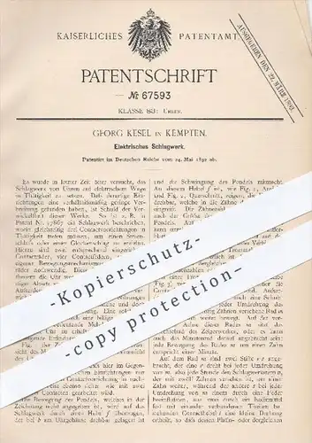 original Patent - Georg Kesel in Kempten , 1892 , Elektrisches Schlagwerk , Uhrwerk , Uhr , Uhren , Uhrmacher !!!