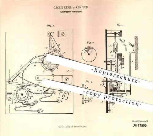 original Patent - Georg Kesel in Kempten , 1892 , Elektrisches Schlagwerk , Uhrwerk , Uhr , Uhren , Uhrmacher !!!