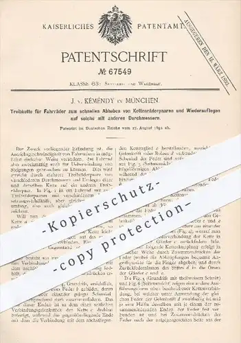 original Patent - J. v. Kéméndy in München , 1892 , Treibkette für Fahrräder , Antrieb , Fahrrad - Kette , Rad, Räder !!