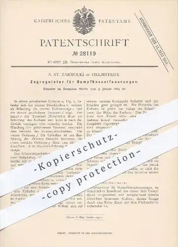 original Patent - A. St. Zakrocki in Helmstedt , 1884 , Zugregulator für Dampfkesselfeuerungen , Dampfkessel , Kessel
