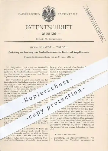 original Patent - Herm. Schmidt in Torgau , 1883 , Beschneidmaschinen als Druck- u. Vergoldepressen , Buchbinder !!!