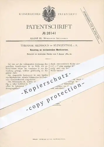 original Patent - Theodor Meinhold in Klingenthal , 1884 , mechanische Musikwerke , Musikinstrumente , Musik !!!