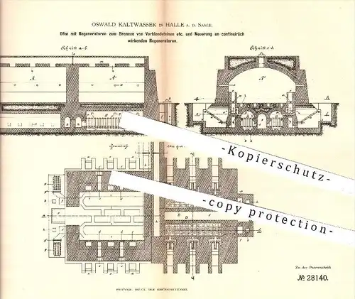 original Patent - O. Kaltwasser , Halle / Saale , 1884 , Ofen mit Regeneratoren , Öfen , Brennofen , Tonwaren , Stein