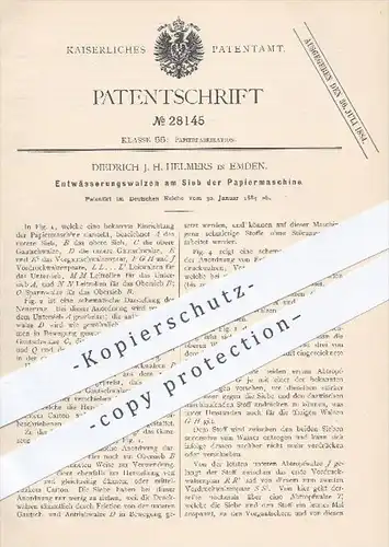 original Patent - Diedrich J. H. Helmers in Emden , 1884 , Entwässerungswalzen am Sieb der Papiermaschine , Papier !!