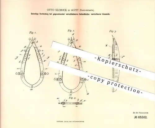 original Patent - Otto Klonick , Alzey , 1892 , Gelenkige Verbindung an verstellbaren Kummeten , Pferdegeschirr , Pferde