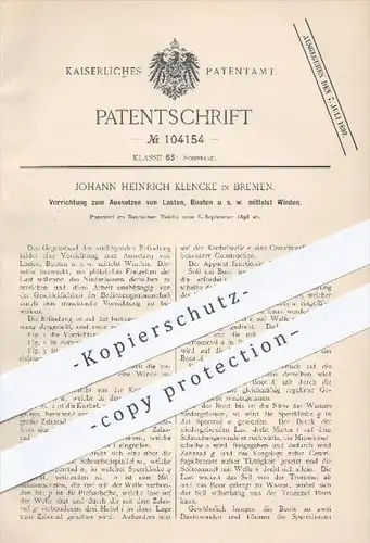 original Patent - J. H. Klencke , Bremen , Aussetzen von Booten , Lasten mit Winden , Boot , Boote , Schiffbau , Schiffe