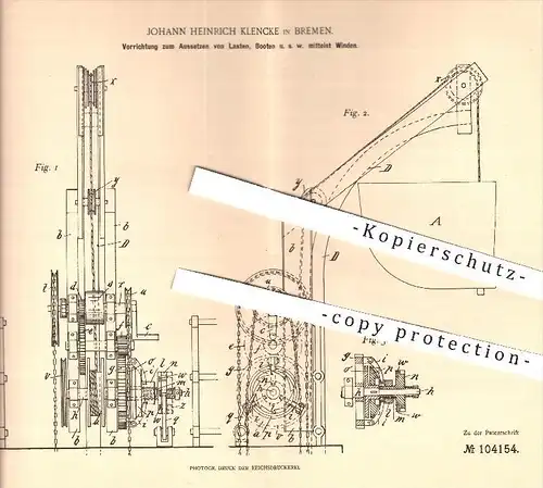 original Patent - J. H. Klencke , Bremen , Aussetzen von Booten , Lasten mit Winden , Boot , Boote , Schiffbau , Schiffe