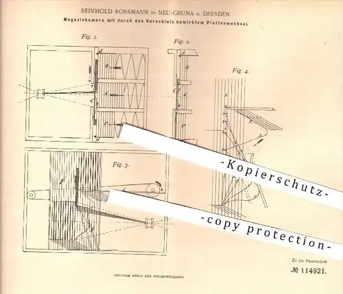 original Patent - R. Rossmann , Neu-Gruna / Dresden , 1899 , Magazinkamera mit Plattenwechsel , Kamera , Fotograf !!!