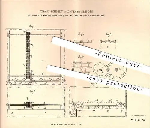 original Patent - J. Schmidt , Cotta / Dresden , 1900 , Abräumen u. Wenden mit Malzdarren u. Getreideböden , Darren !!!