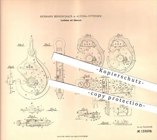 original Patent - H. Berninghaus , Hamburg Altona - Ottensen , 1900 , Lasthaken mit Zählwerk , Lastzug , Hebezeuge !!