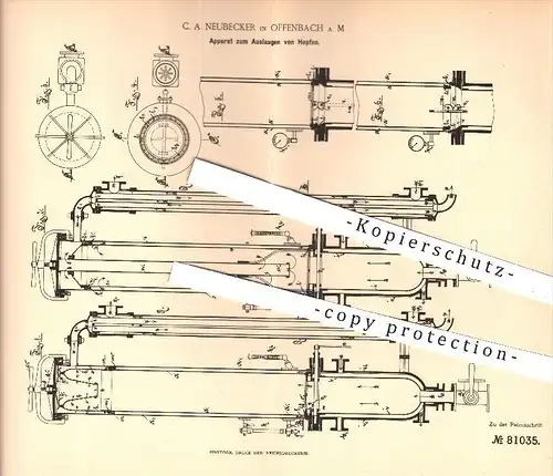 original Patent - C. A. Neubecker , Offenbach / Main , 1894 , Apparat zum Auslaugen von Hopfen , Bier brauen ,  Brauerei