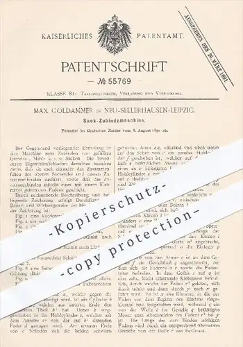 original Patent - M. Goldammer , Neu-Sellerhausen - Leipzig , 1890 , Sack - Zubindemaschine , Binden , Mehlsack , Säcke