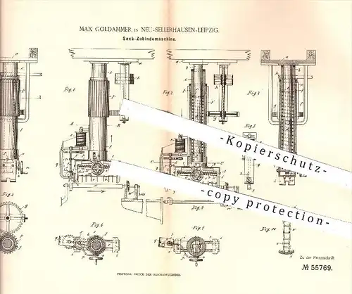 original Patent - M. Goldammer , Neu-Sellerhausen - Leipzig , 1890 , Sack - Zubindemaschine , Binden , Mehlsack , Säcke