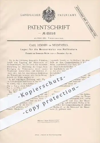 original Patent - C. Hemmer , Neidenfels 1890 , Lager für die Messerwalze von Holländern , Walze , Papier , Papierfabrik