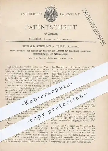 original Patent - Richard Schilling , Grüna , 1885 , Herstellung geworfener Handschuhzwickel auf Wirkmaschinen , Maschen