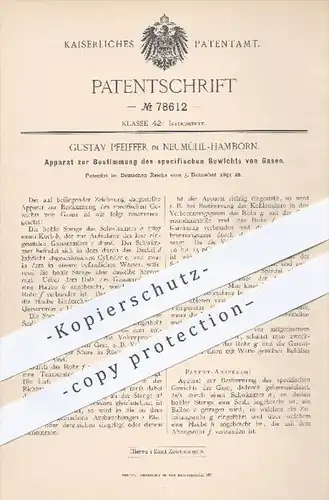 original Patent - Gustav Pfeiffer in Neumühl - Hamborn , 1893 , Bestimmung des spezifischen Gewichts von Gasen , Gase