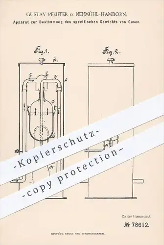 original Patent - Gustav Pfeiffer in Neumühl - Hamborn , 1893 , Bestimmung des spezifischen Gewichts von Gasen , Gase