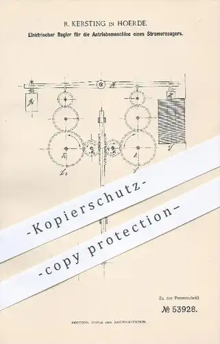 original Patent - R. Kersting in Hoerde , 1890 , Elektrischer Regler für die Antriebsmaschine vom Stromerzeuger , Strom