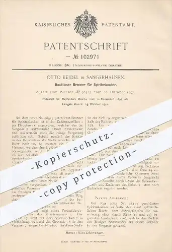 original Patent - Otto Keidel in Sangerhausen , 1897 , Dochtloser Brenner für Spiritus - Kocher , Gas , Brennstoffe !!!