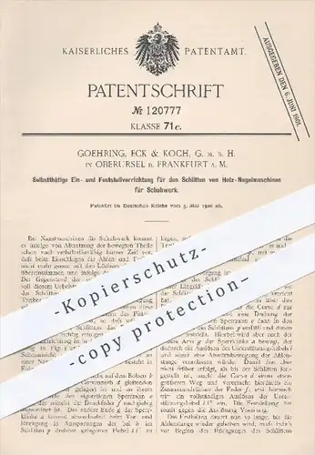 original Patent - Goehring , Eck & Koch GmbH , Oberursel , 1900 , Schlitten der Holz - Nagelmaschine für Schuhwerk !!!