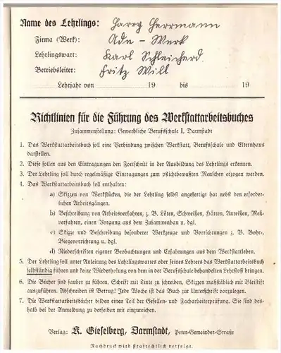 Werkstatt-Arbeitsbuch , ADE - Werk in Waltershausen , 1939 , Harri Herrmann in Hörselgau / Hörsel !!!
