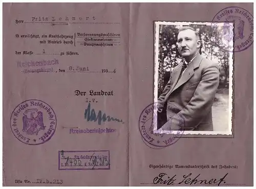 Führerschein , Fritz Lehnert in Langenbielau / Peterswaldau 1934 , Reichenbach i. Eulengebirge , Pieszyce , Bielawa !!!