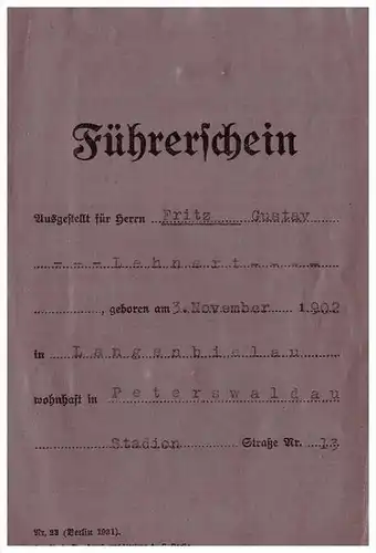 Führerschein , Fritz Lehnert in Langenbielau / Peterswaldau 1934 , Reichenbach i. Eulengebirge , Pieszyce , Bielawa !!!