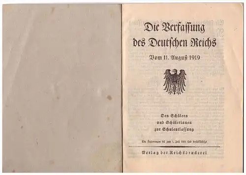 Verfassung des Deutschen Reichs 1919 , Deutsches Reich , 48 Seiten  !!!