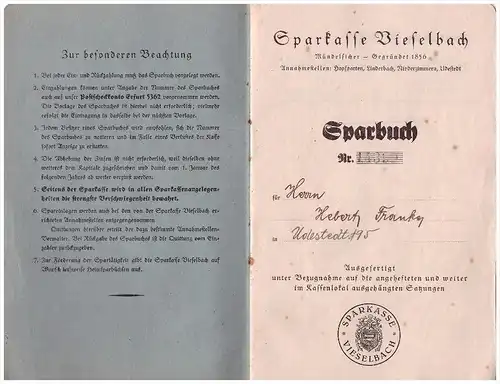 Sparbuch Vieselbach / Erfurt 1933-44 , Herbert Franke in Udestedt , Niederzimmern , Hopfgarten , Grammetal , Sparkasse !