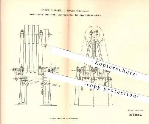 original Patent - Heuser & Hassel in Hagen , 1885 , mehrspindlige Schlüssel - Bohrmaschine, Bohren , Bohrer , Metall !!