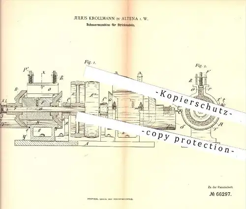 original Patent - Julius Krollmann in Altena , 1892 , Scheuermaschine für Stricknadeln , Nadel , Nadeln , Metall !!!