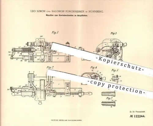 original Patent - Leo Simon , Salomon Forchheimer , Nürnberg , 1900 , Gewindeschneiden an Holzpflöcken , Gewinde !!!