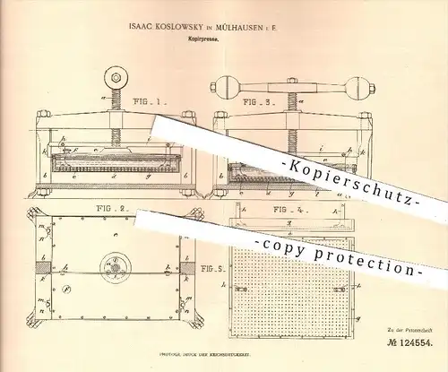original Patent - Isaac Koslowsky in Mülhausen , 1901 , Kopierpresse , Presse , Pressen , Kopieren !!!