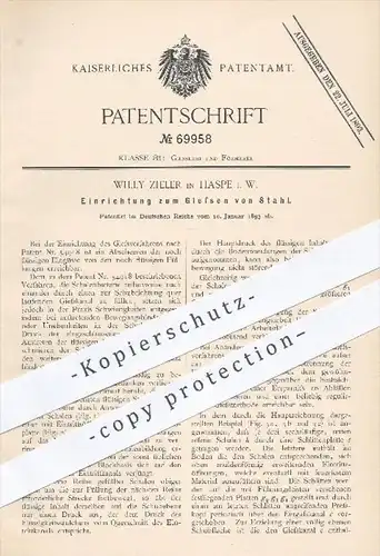 original Patent - Willy Zieler in Haspe , 1893 , Giessen von Stahl , Guss , Gusseisen , Stahlguss , Giesserei , Formerei