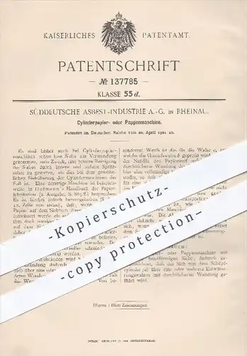original Patent - Süddeutsche Asbest - Industrie AG , Rheinau  1901 , Zylinderpapier- o. Pappenmaschine , Papier , Pappe
