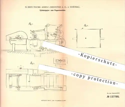 original Patent - Süddeutsche Asbest - Industrie AG , Rheinau  1901 , Zylinderpapier- o. Pappenmaschine , Papier , Pappe