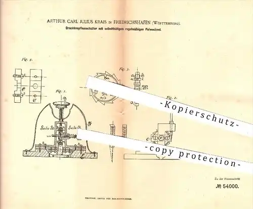 original Patent - A. C. J. Krais , Friedrichshafen , 1890 , Druckknopfausschalter mit regelmäßigem Polwechsel , Strom !!