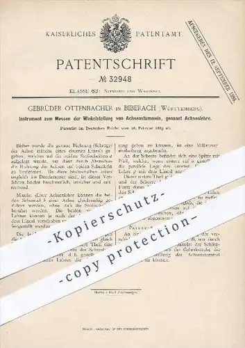 original Patent - Gebr. Ottenbacher , Biberach , 1885 , Messen der Winkelstellung von Achsentummeln , Achsenlehre !!