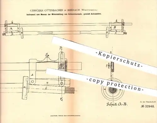 original Patent - Gebr. Ottenbacher , Biberach , 1885 , Messen der Winkelstellung von Achsentummeln , Achsenlehre !!