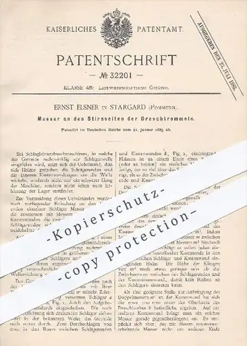 original Patent - E. Elsner , Stargard , Pommern , 1885 , Messer an den Stirnseiten der Dreschtrommeln , Drescher !!!