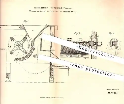 original Patent - E. Elsner , Stargard , Pommern , 1885 , Messer an den Stirnseiten der Dreschtrommeln , Drescher !!!